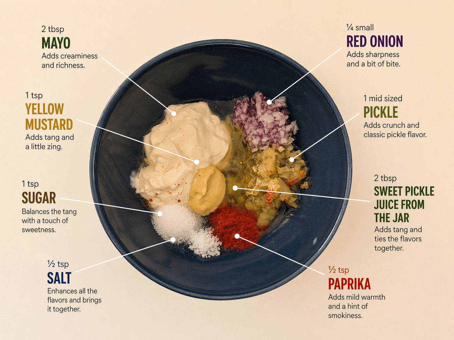 McDonald's sauce ingredients annotated — mayo, mustard, pickle, paprika and red onion in a dark bowl