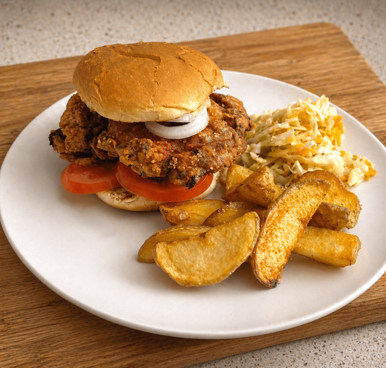 Crispy fried chicken served as a sandwich with wedges and coleslaw on the side