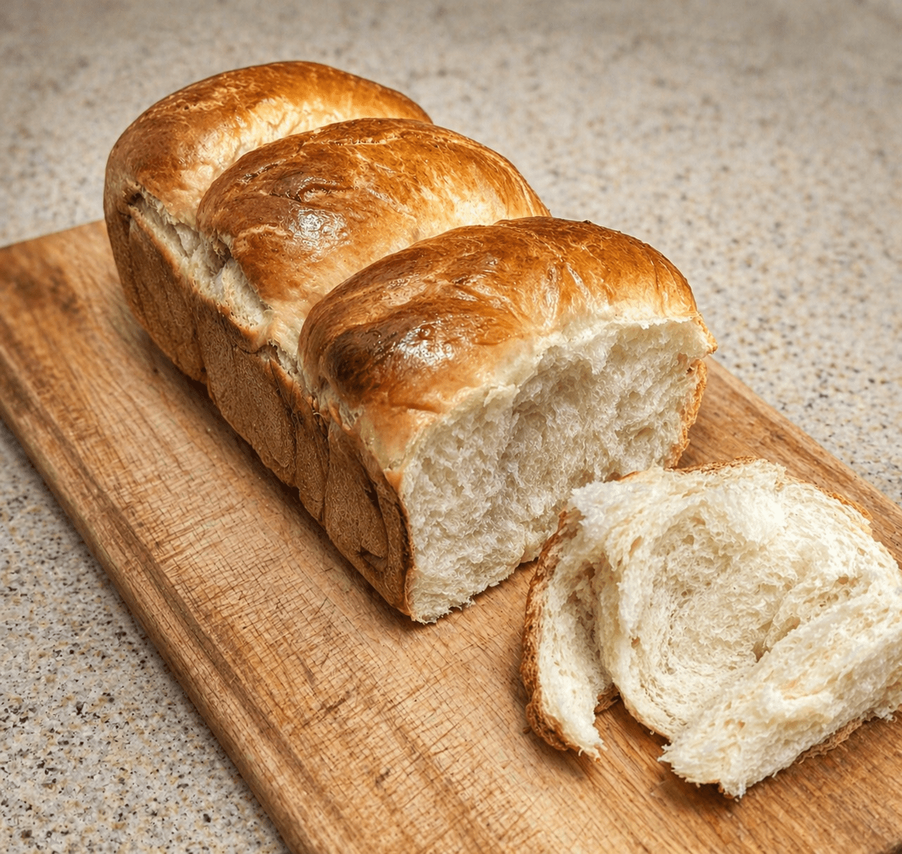 Fluffy Japanese milk bread sliced on a wooden cutting board showing soft white crumb