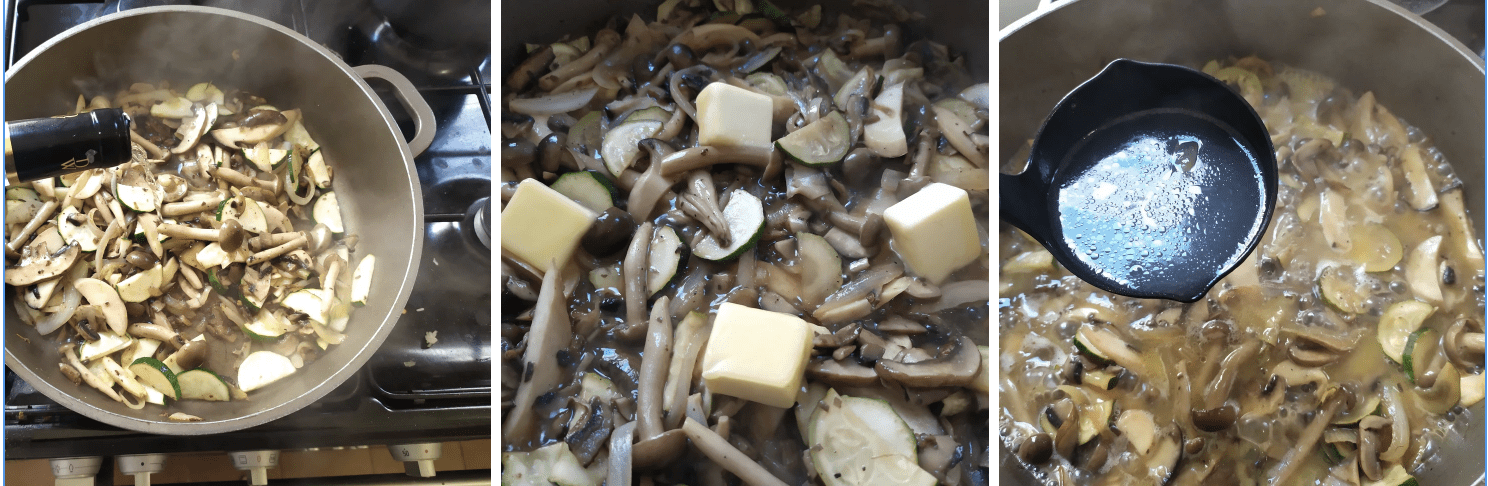 Three step process of making mushroom pasta sauce: adding wine, butter cubes, and pasta water