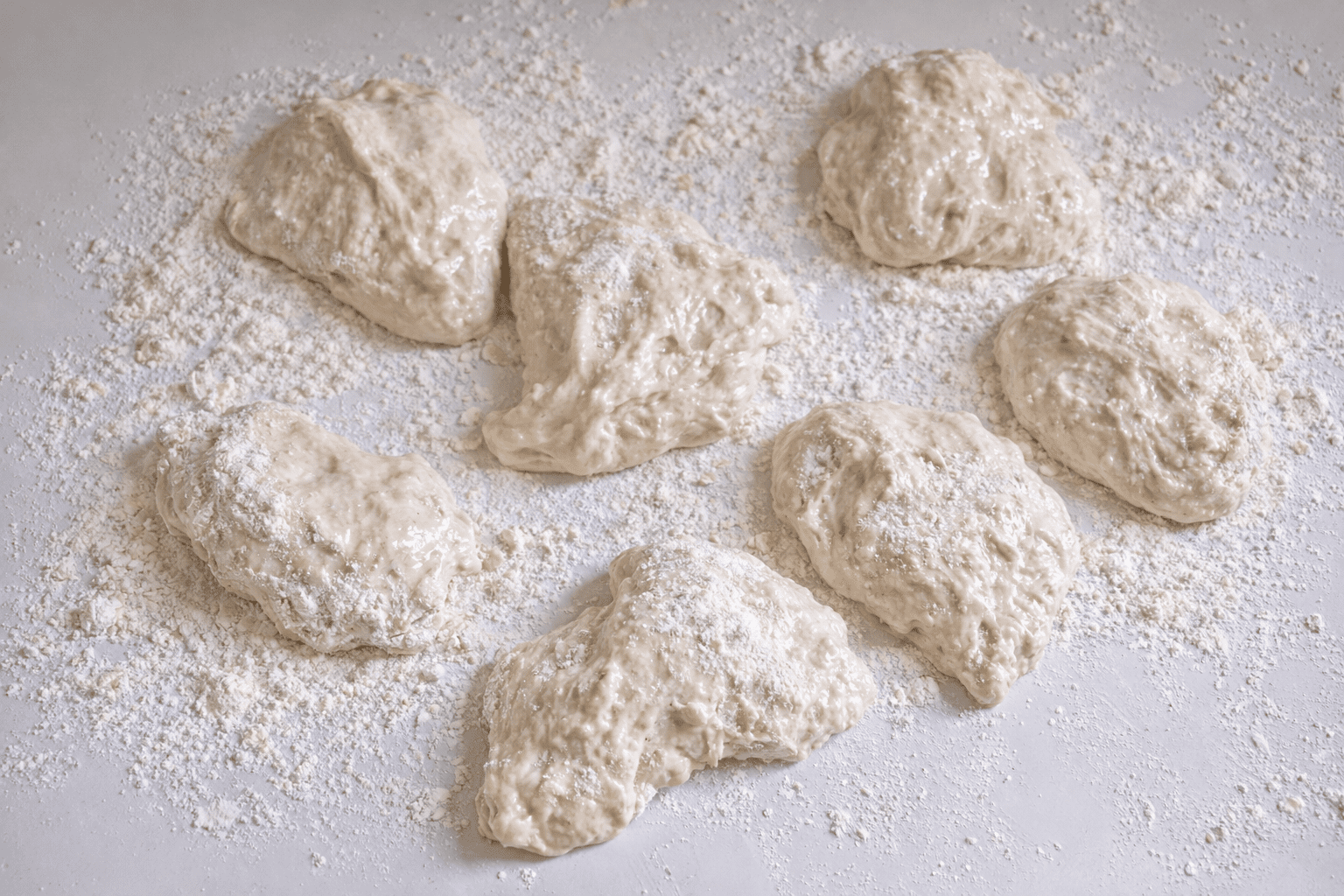 No knead bread dough divided into 8 pieces on a floured surface ready for shaping