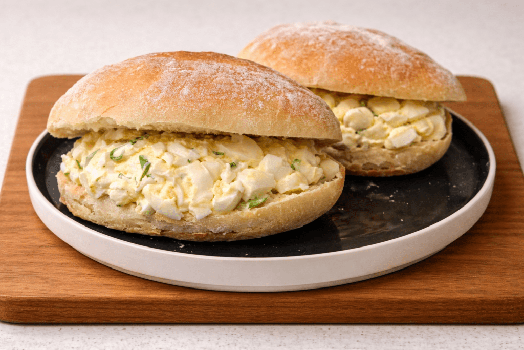No knead bread buns recipe filled with egg salad served on a black plate on a wooden board