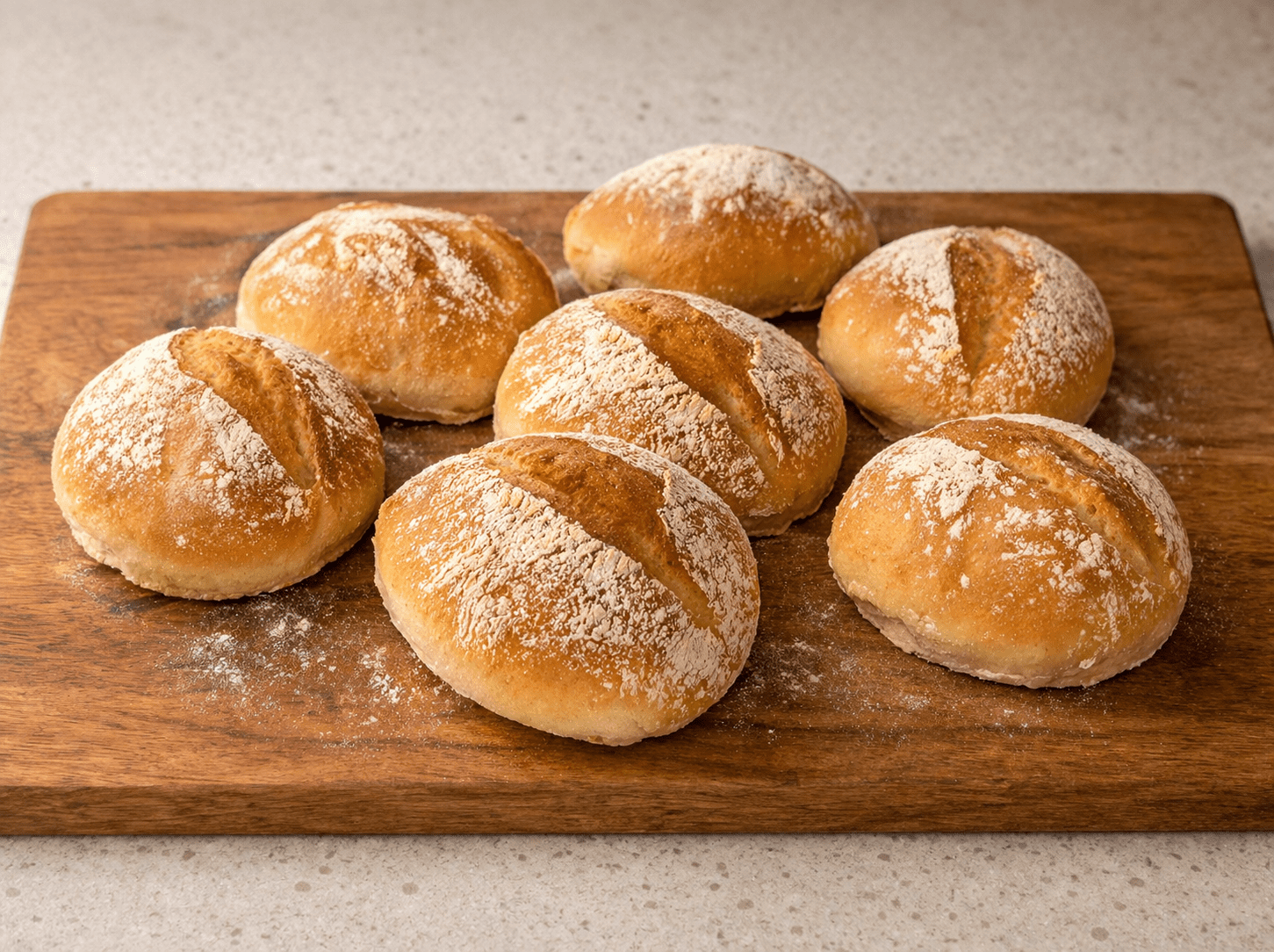 Golden no knead bread buns dusted with flour on a wooden board fresh from the oven