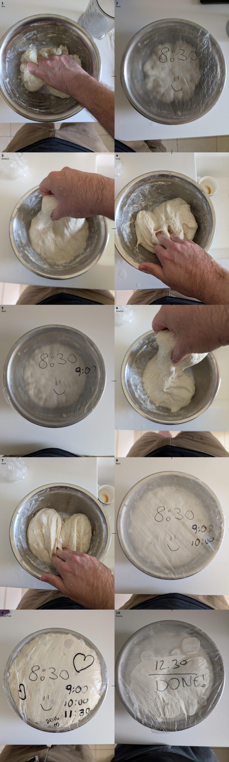 Step by step stretch and fold process for no knead bread dough shown in multiple panels