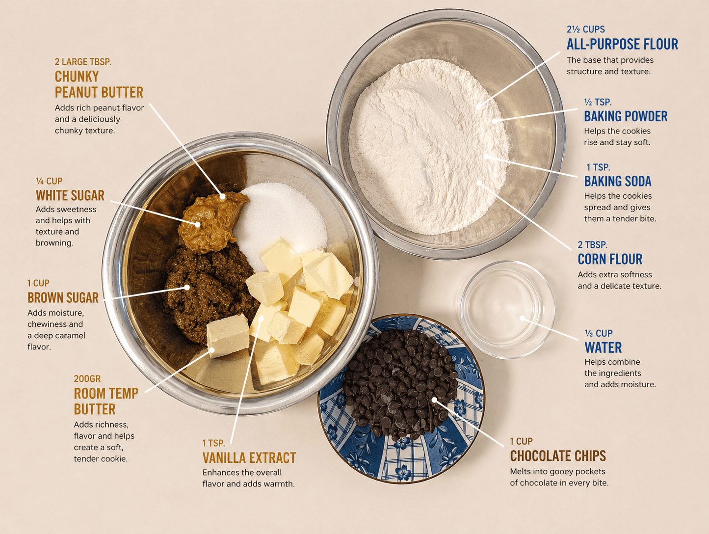 Peanut butter chocolate chip cookie ingredients laid out in bowls with labels