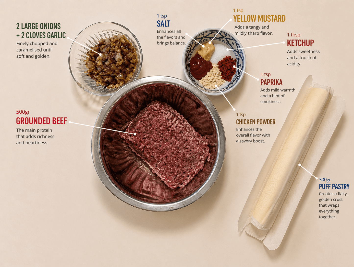 Puff pastry meatloaf ingredients annotated — ground beef, caramelised onions, puff pastry, and seasoning