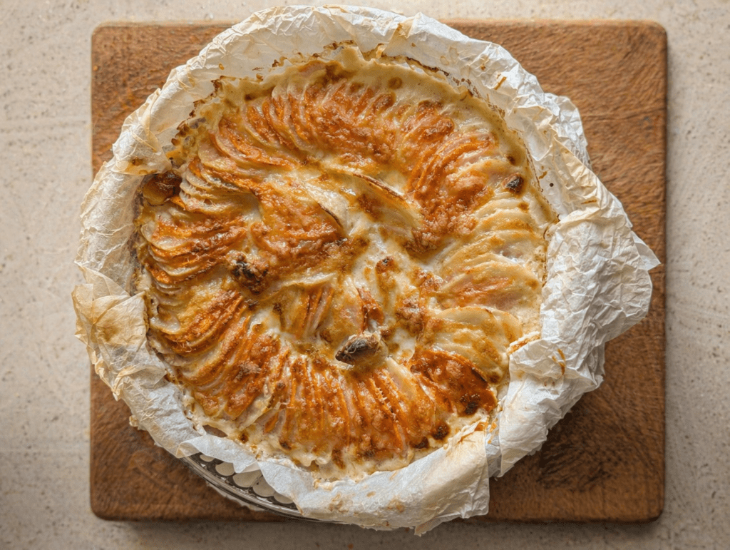 Two-tone scalloped potatoes baked golden in a round dish on a wooden board, overhead view