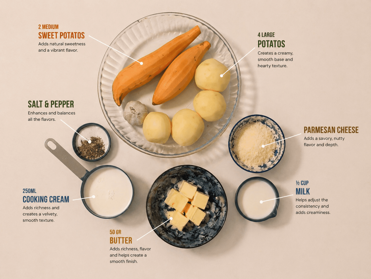 Two-tone scalloped potatoes ingredients laid out with labels: sweet potatoes, regular potatoes, cream, butter, parmesan and milk