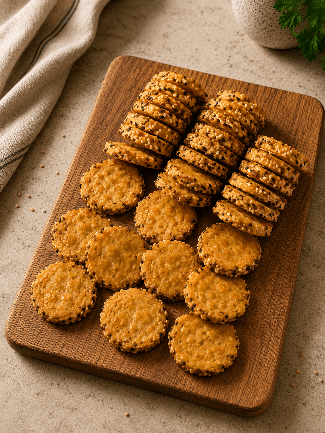 Everything bagel crusted cheddar cheese crackers stacked and fanned out on a wooden board