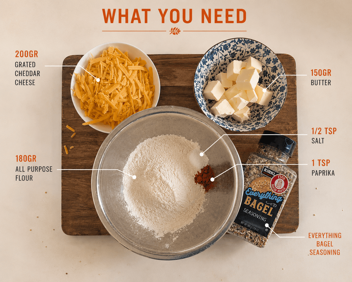Annotated cheddar cheese crackers ingredients: grated cheddar, cubed butter, all purpose flour, salt, paprika and everything bagel seasoning on a wooden board