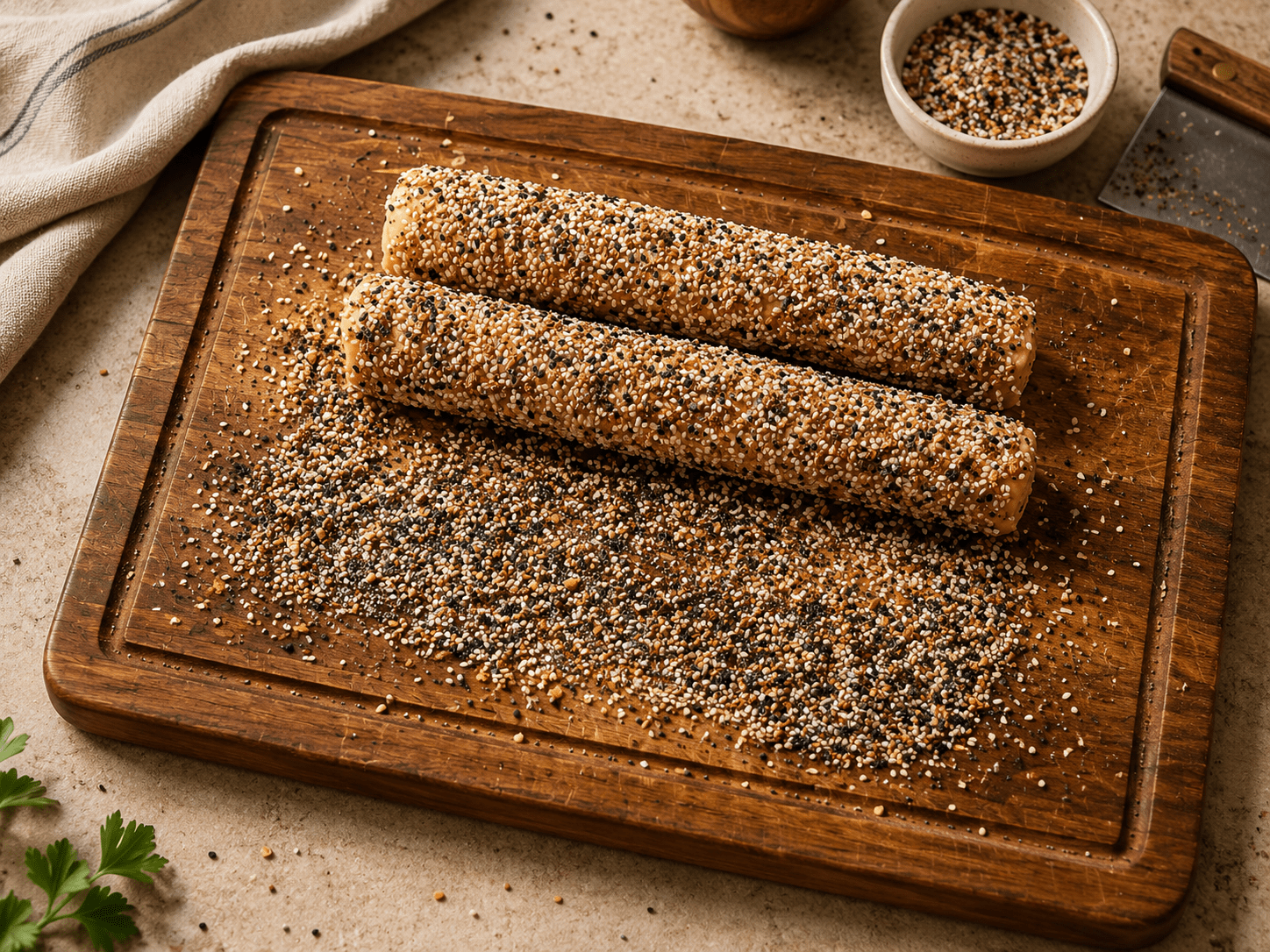 Two cheddar cracker dough logs fully coated in everything bagel seasoning resting on a wooden board