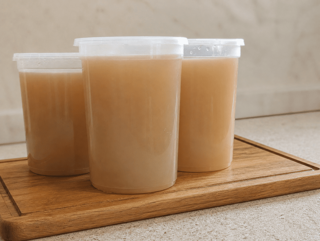 Three plastic containers full of golden homemade chicken bone broth on a wooden board