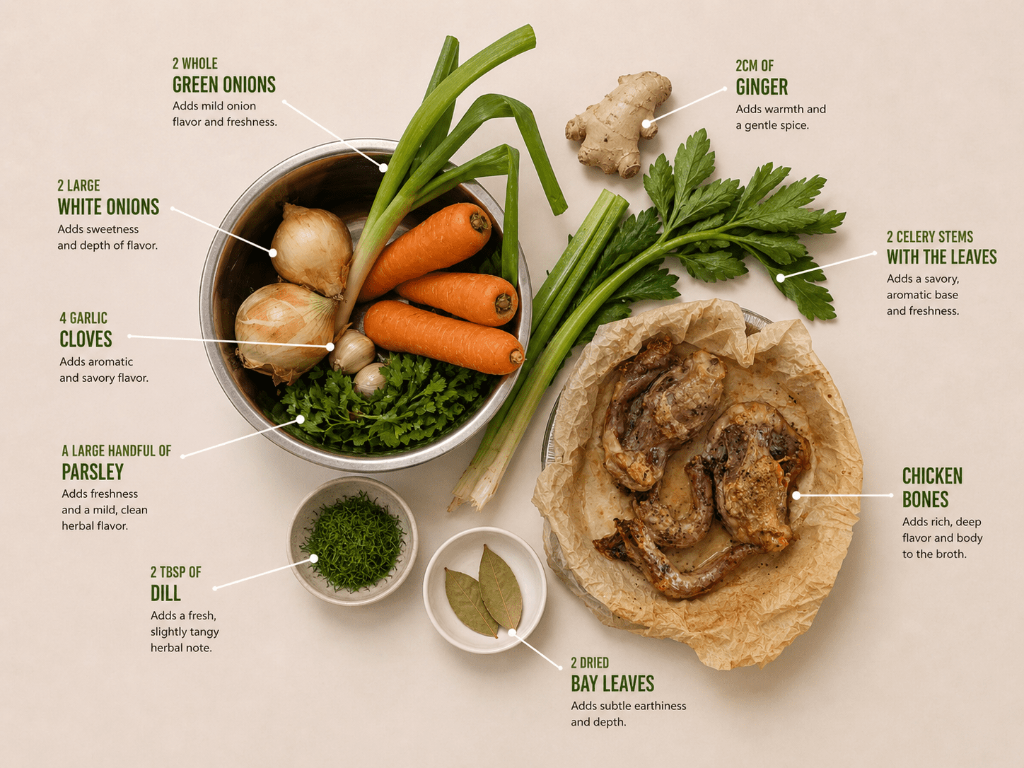 Chicken bone broth ingredients laid out with labels: chicken bones, carrots, onions, ginger, parsley, garlic, dill, bay leaves and celery