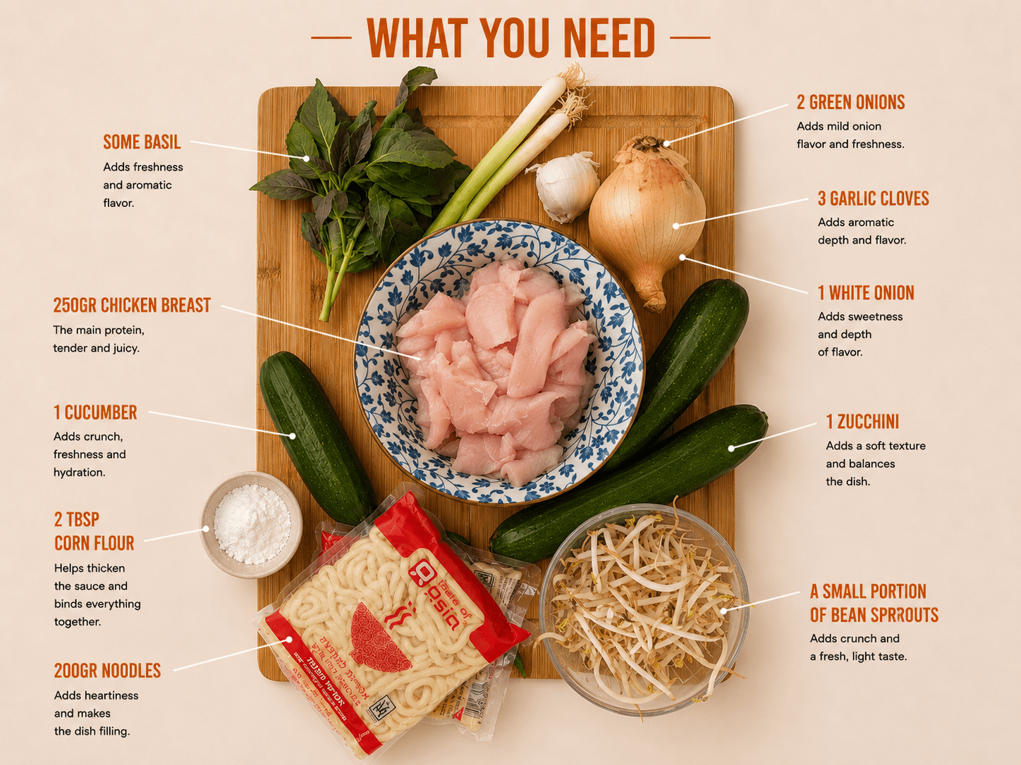 Annotated ingredients for green curry noodle stir fry: chicken breast, cucumber, zucchini, basil, green onions, bean sprouts, garlic, white onion, corn flour and udon noodles