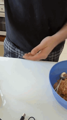 Animated GIF showing hands folding a gyoza dumpling — wrapper with filling being pinched closed into a half-moon shape