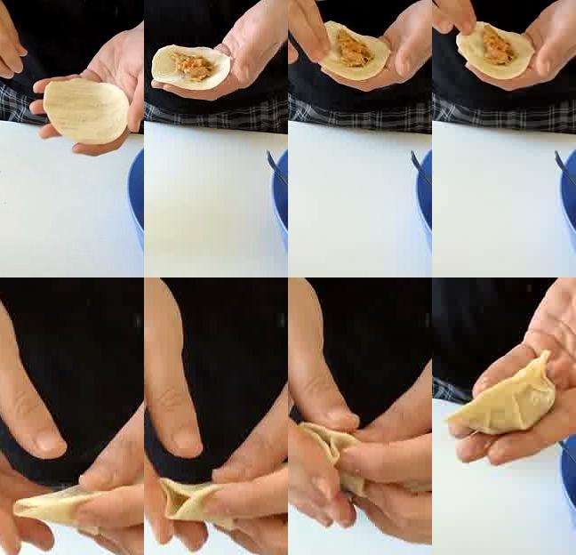 Eight-panel progress grid showing the gyoza folding process from wrapper to filled to sealed dumpling
