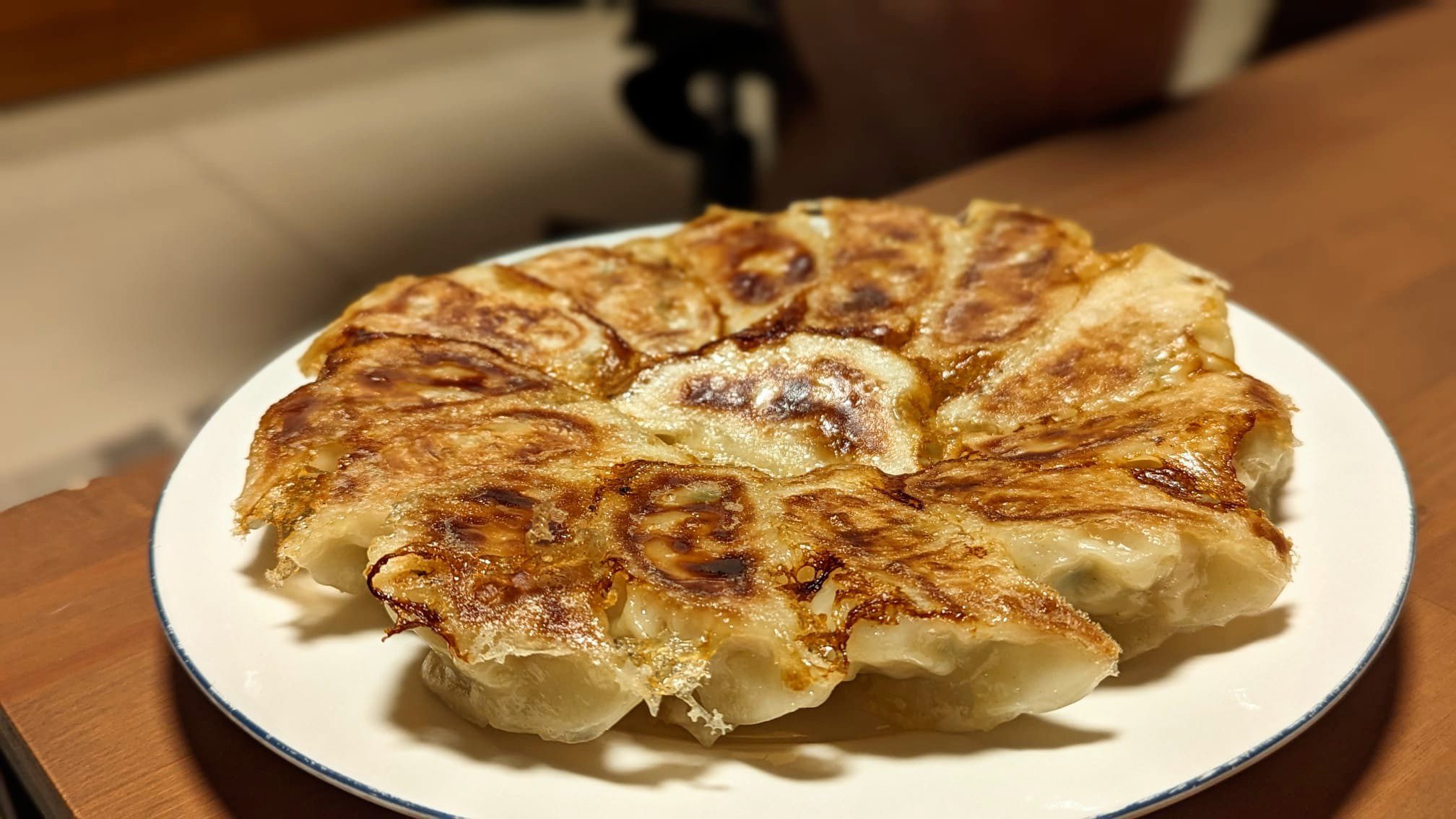 Japanese gyoza with golden brown crispy bottoms on a white plate, side view showing the crust
