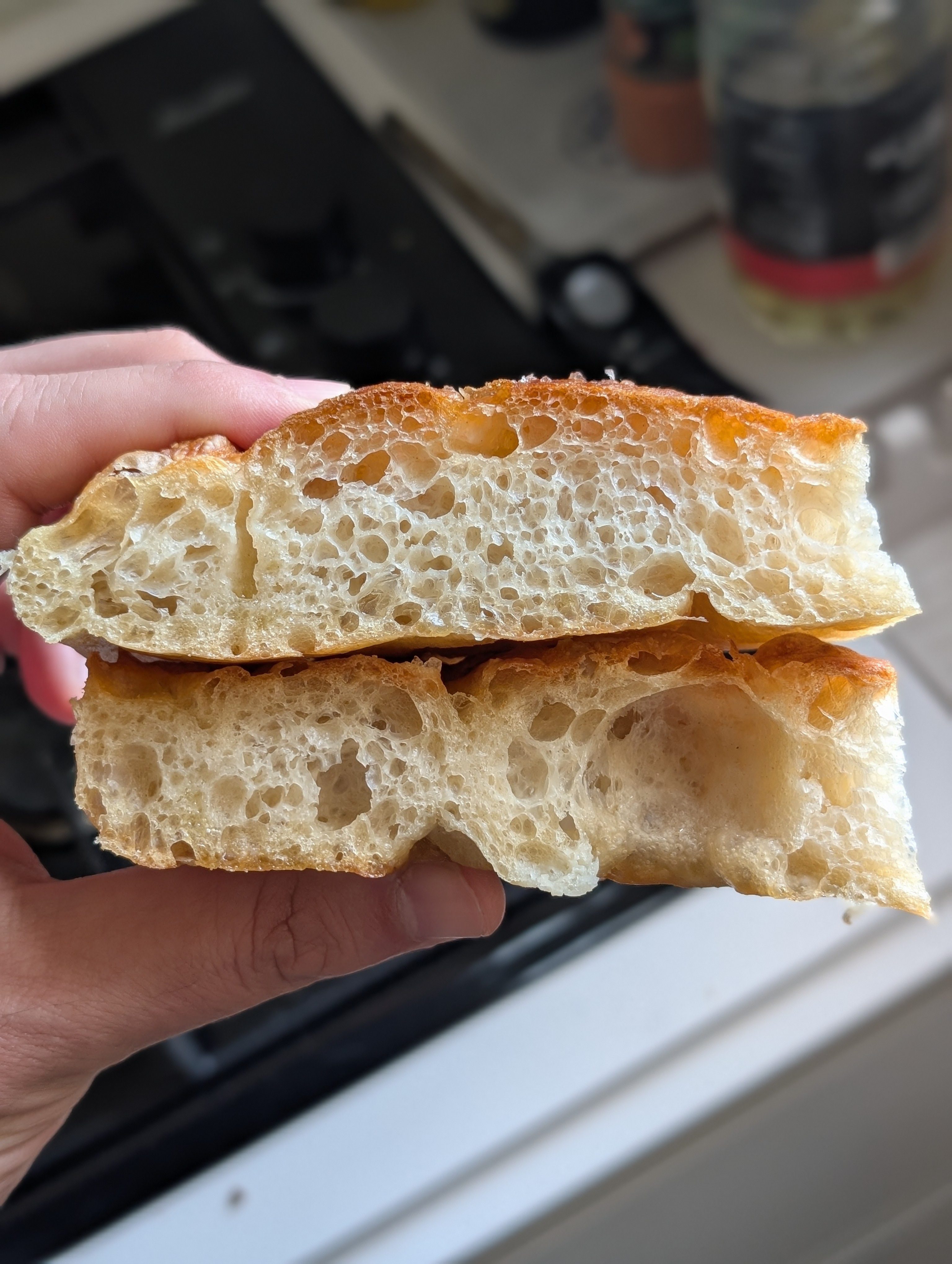 Side-on cross-section of no knead focaccia showing open airy crumb with large irregular holes and a golden crisp top crust