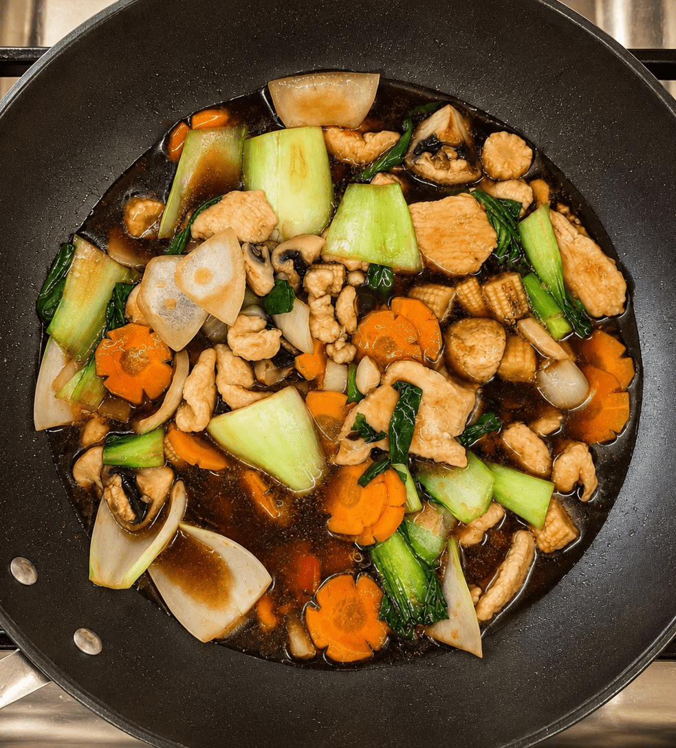 Oyster sauce chicken stir fry in a wok overhead view, with the dark glossy sauce bubbling around the chicken, bok choy and carrots