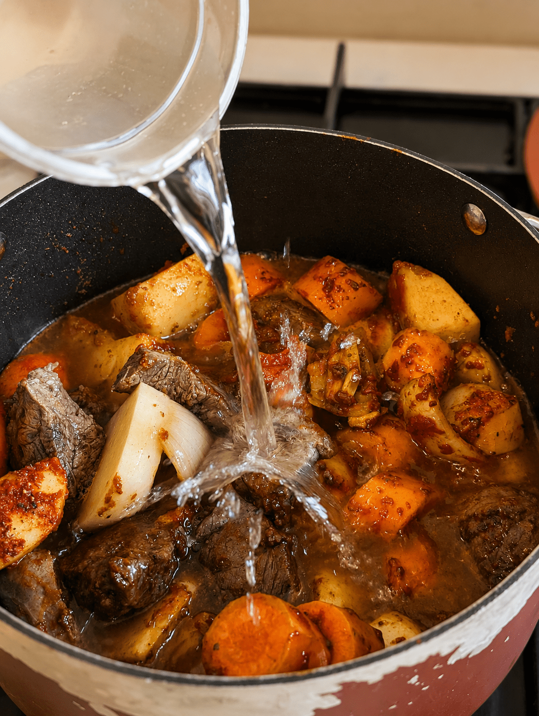 Stock being poured into a pot of seasoned beef and vegetables for goulash