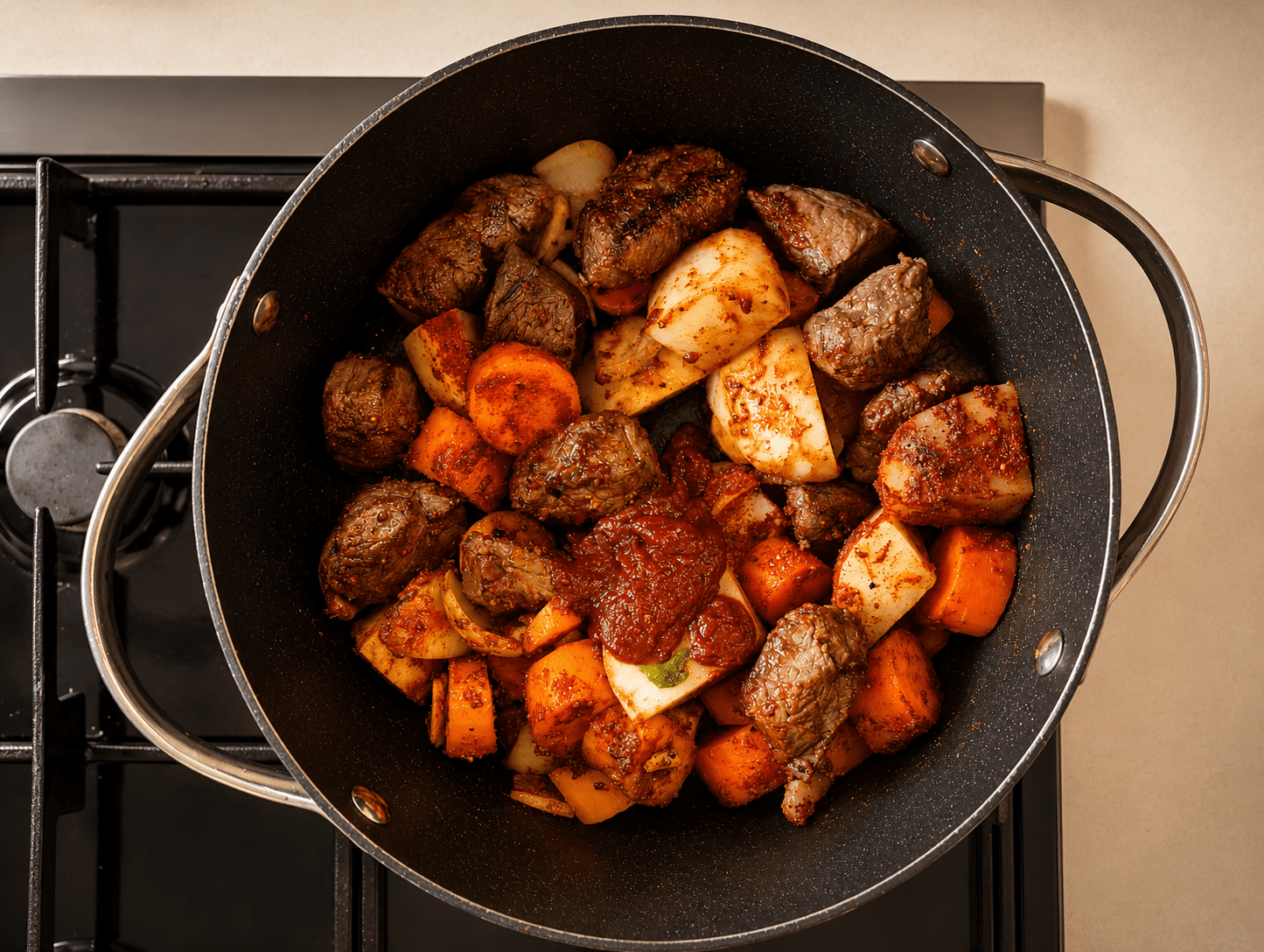 Browned beef and large vegetable chunks coated in paprika with a dollop of tomato paste in the pot