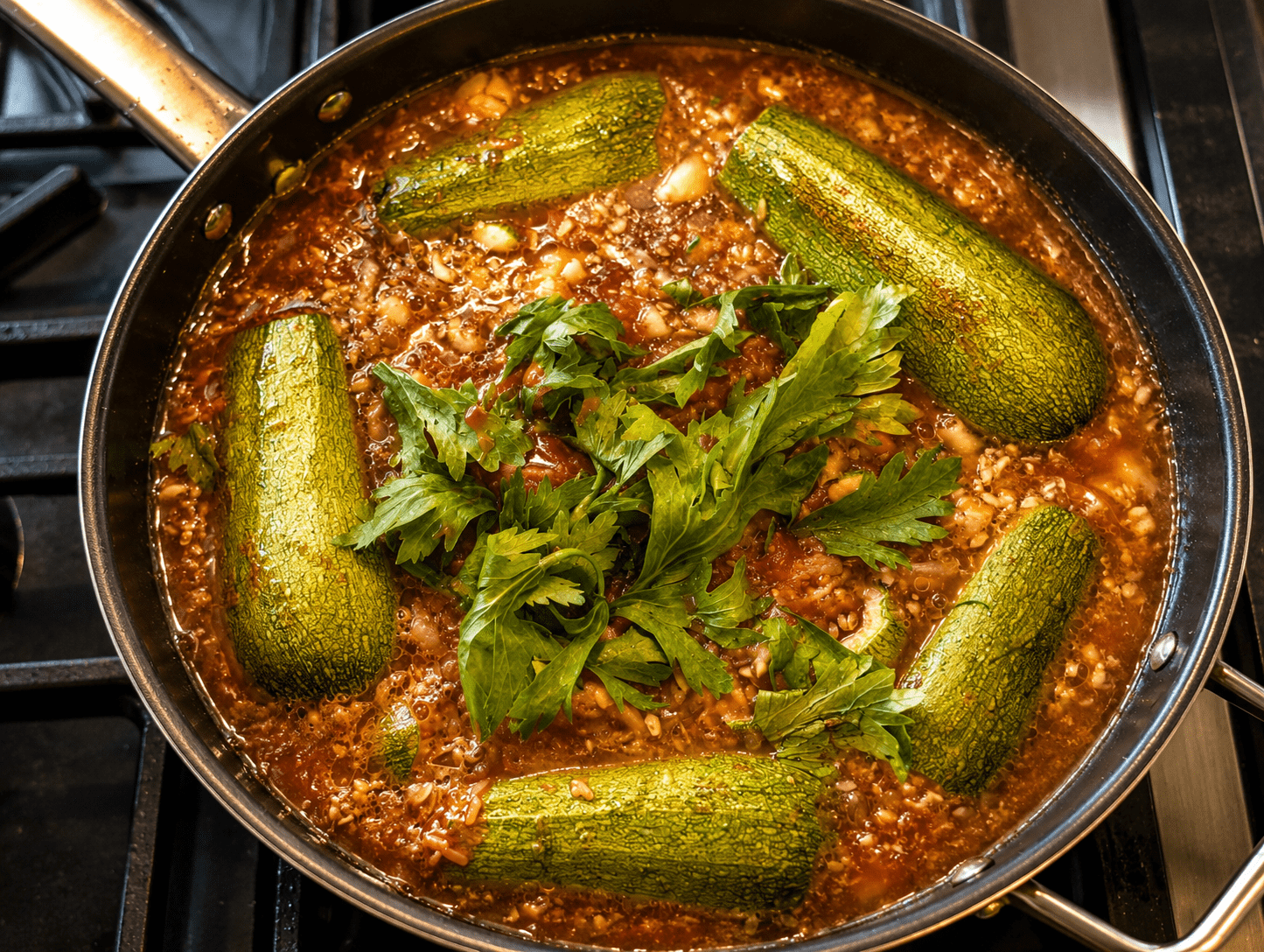 Stuffed zucchini simmering in a red tomato broth with fresh parsley on top