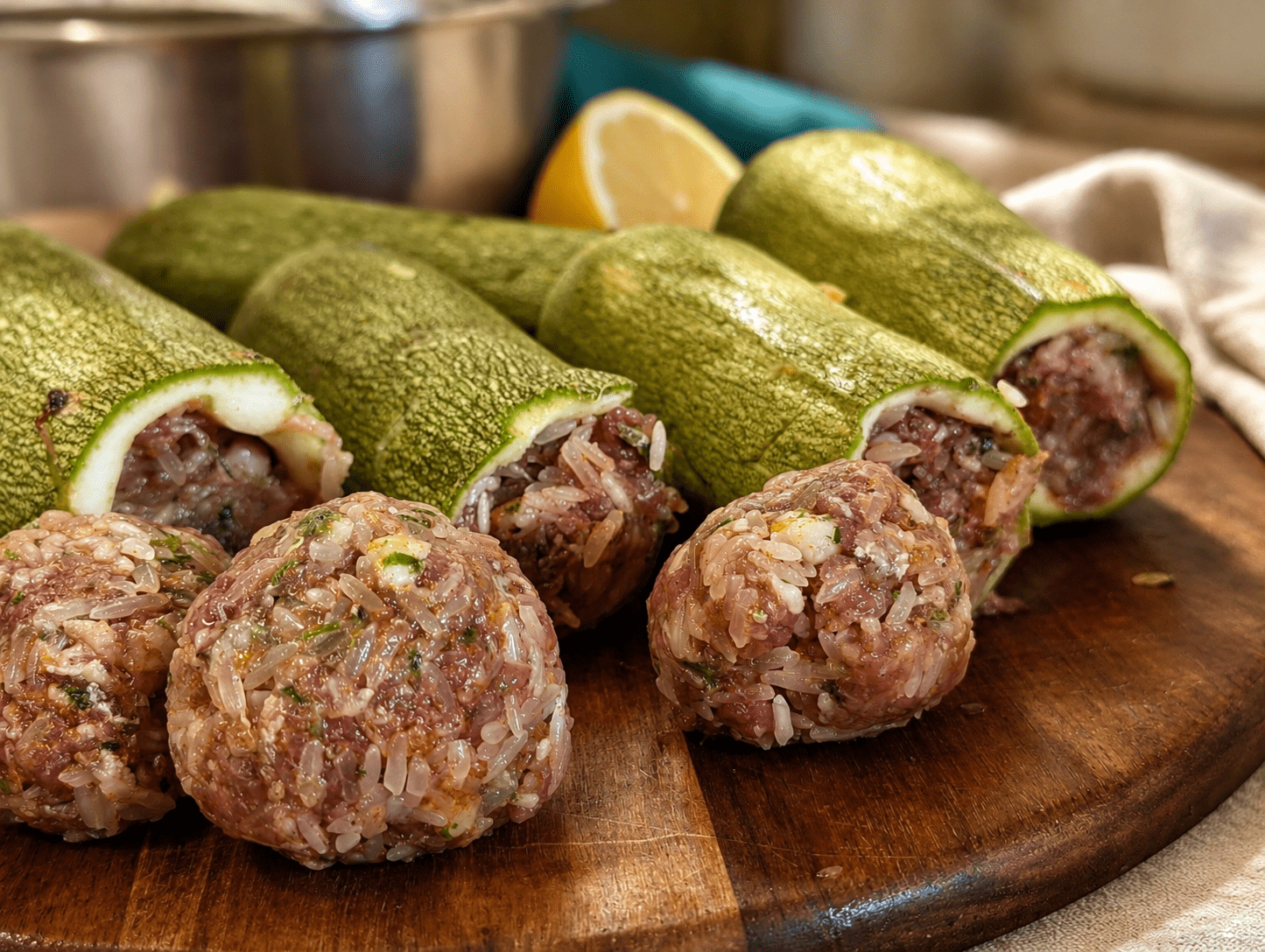 Raw zucchini stuffed with beef and rice lined up on a board with extra filling rolled into meatballs