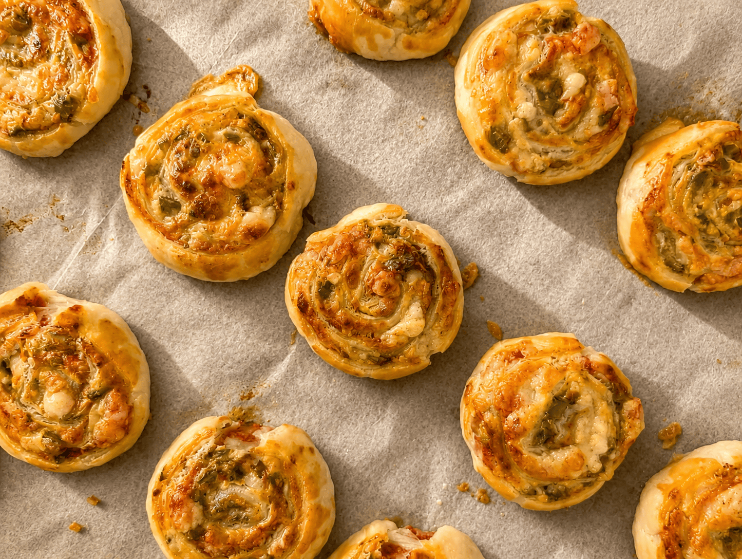 Close up of golden crispy puff pastry pizza rolls with melted cheese and olives