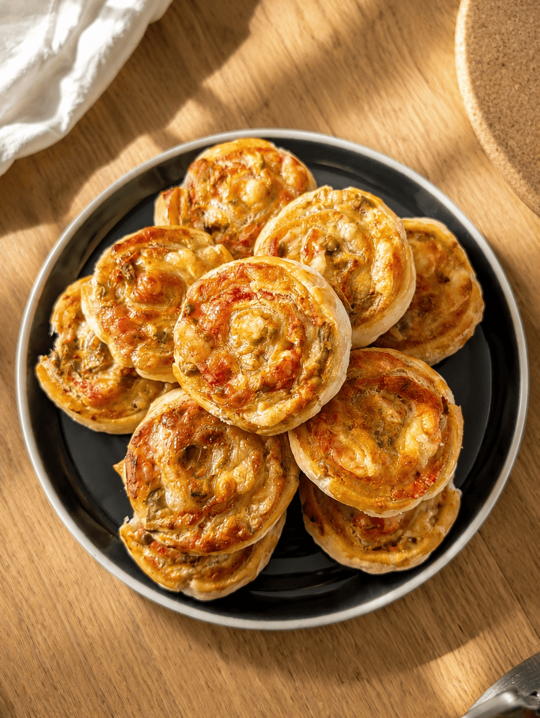A plate stacked with golden baked puff pastry pizza rolls, cheesy spirals with tomato and olives
