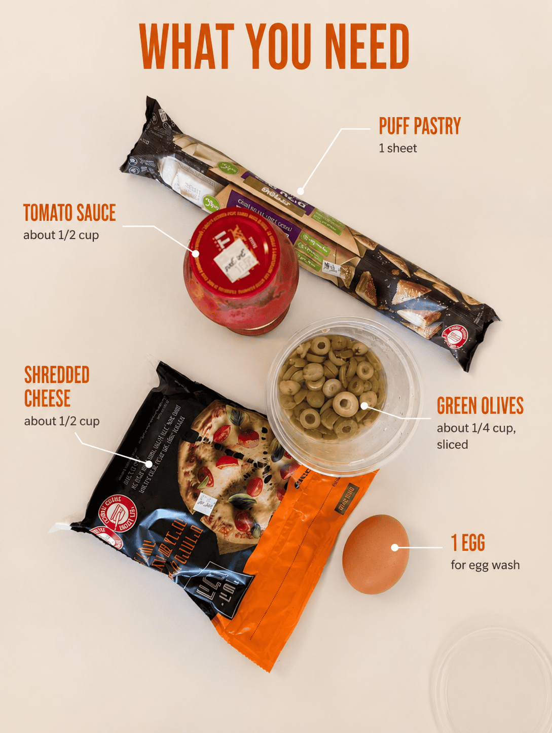 Puff pastry pizza roll ingredients, one sheet of puff pastry, tomato sauce, shredded cheese, green olives and an egg