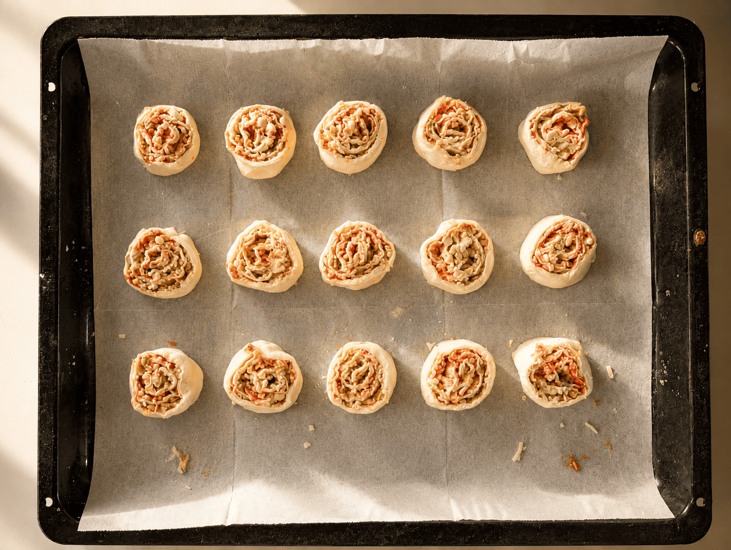 Raw puff pastry pizza rolls arranged cut side up on a parchment lined baking tray