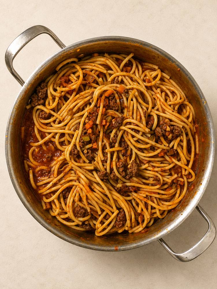 Spaghetti fully tossed and combined with beef ragu sauce, ready to plate