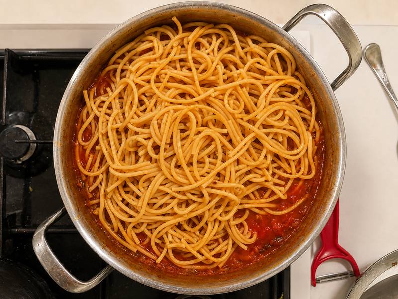 Undercooked spaghetti added on top of beef ragu sauce in a large pot, ready to be tossed together