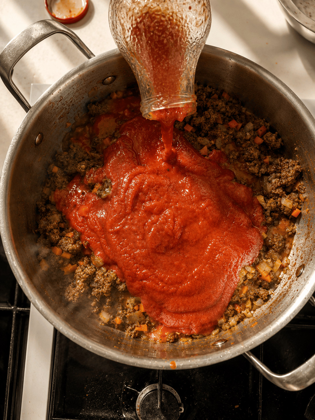Tomato sauce being poured from a jar into a pan of browned beef, vegetables, and wine