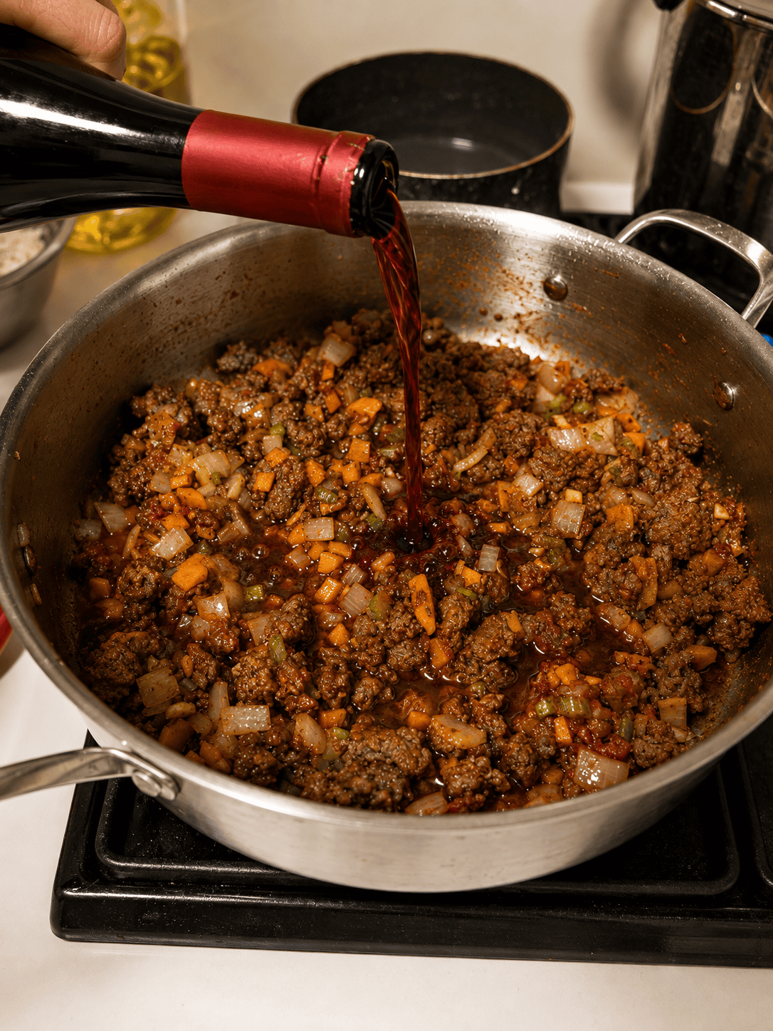 Red wine being poured from a bottle into a pan of browned beef and sautéed vegetables