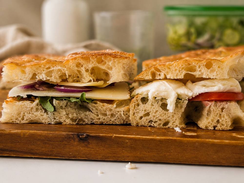 Side cross-section of two cut focaccia sandwiches showing layers of mozzarella, tomato, arugula, and pesto