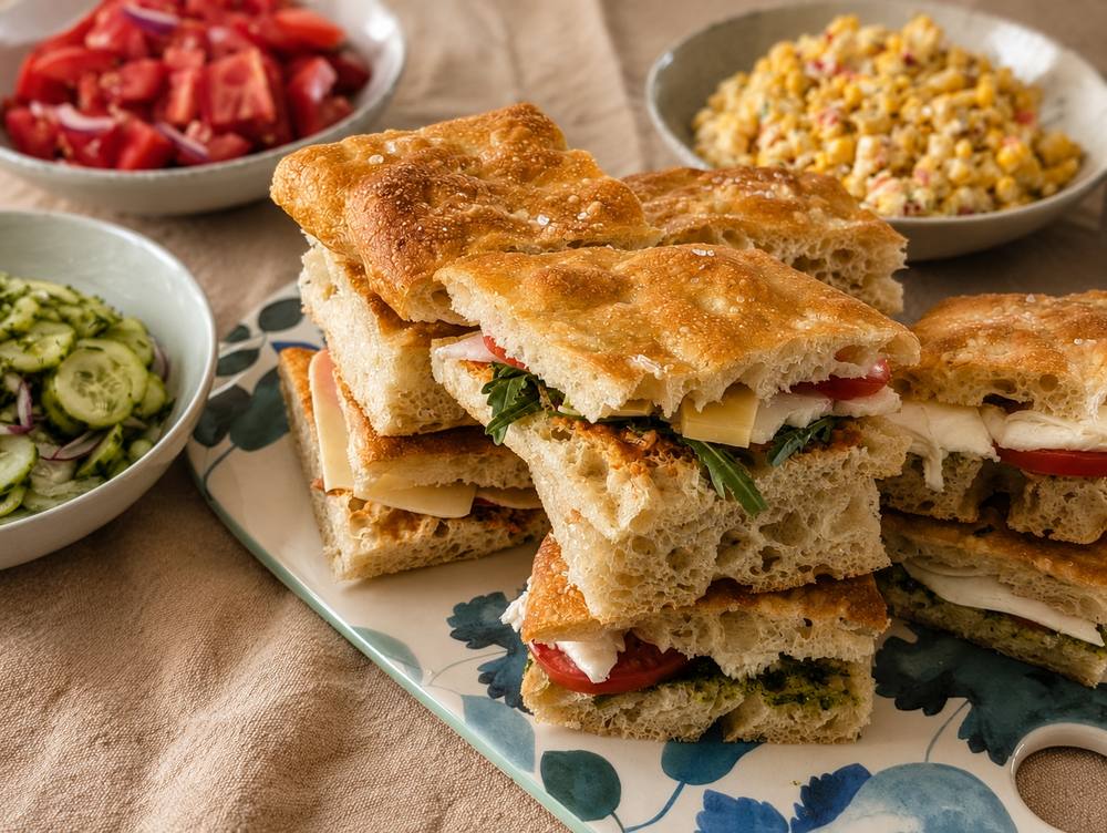 Stacked cut focaccia panini sandwiches on a floral plate, with bowls of tomato, cucumber, and corn salad in the background