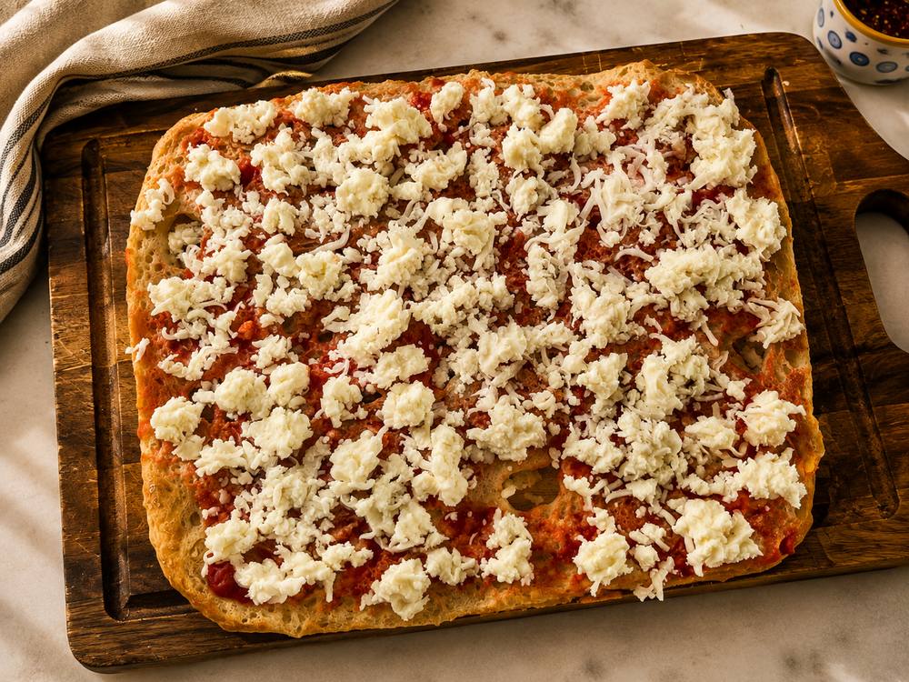 Shredded mozzarella scattered evenly over the sauced focaccia, unbaked