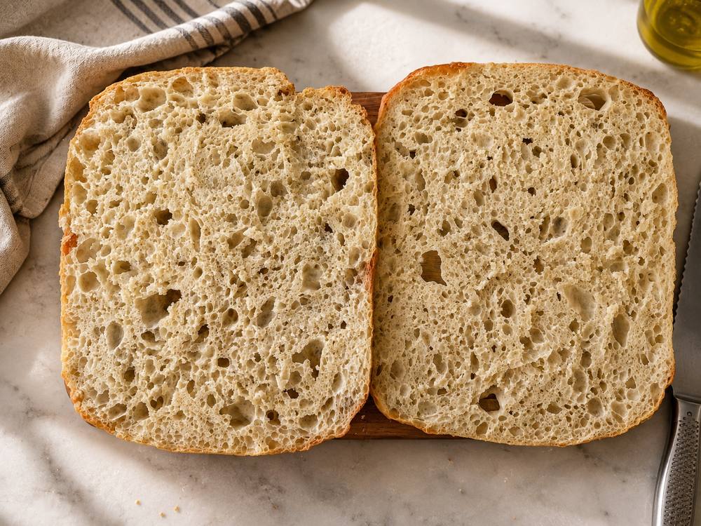 Cross-section of a plain baked focaccia showing the airy, open crumb before it is topped