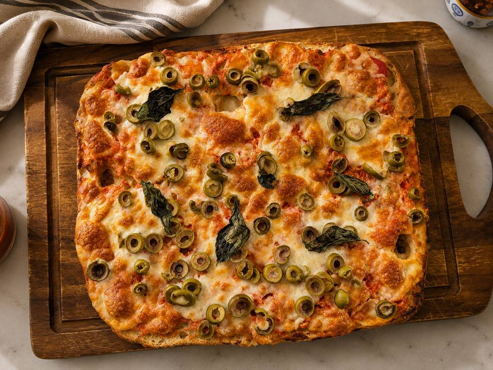 Whole baked focaccia pizza with melted mozzarella, sliced green olives, and fresh basil, on a wooden board