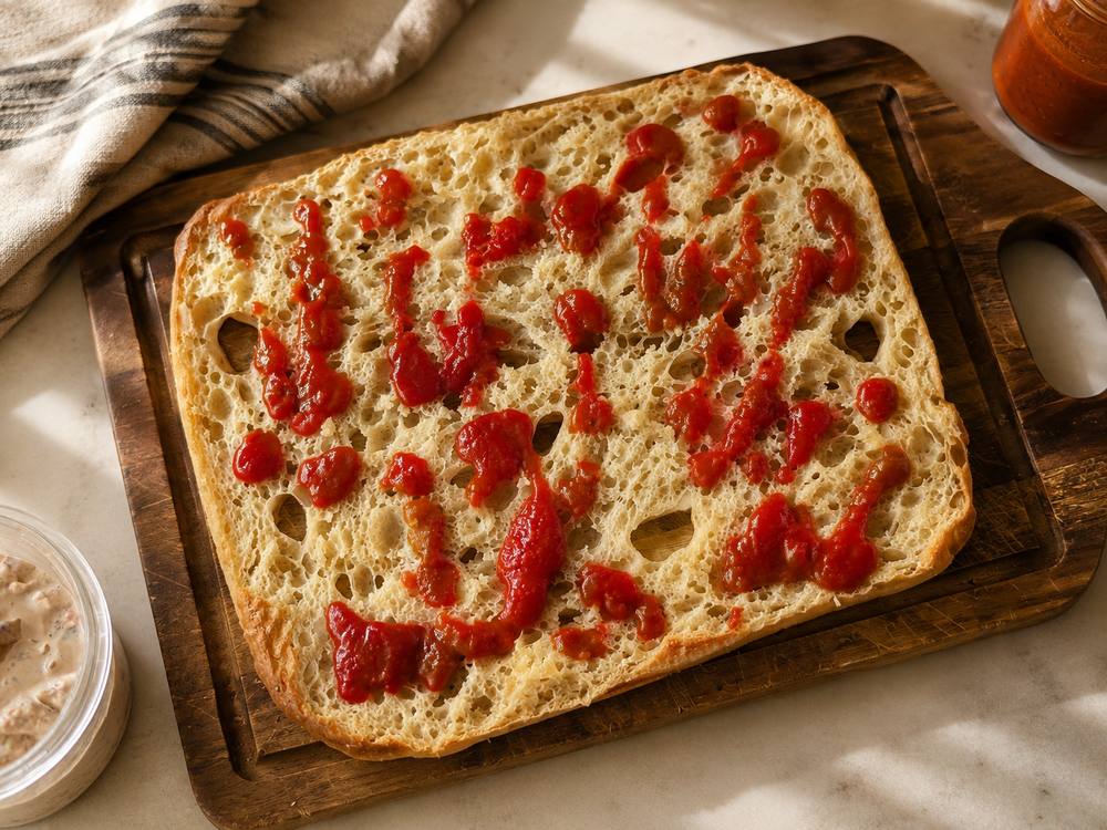 Tomato sauce spread across a sliced focaccia half, ready for cheese