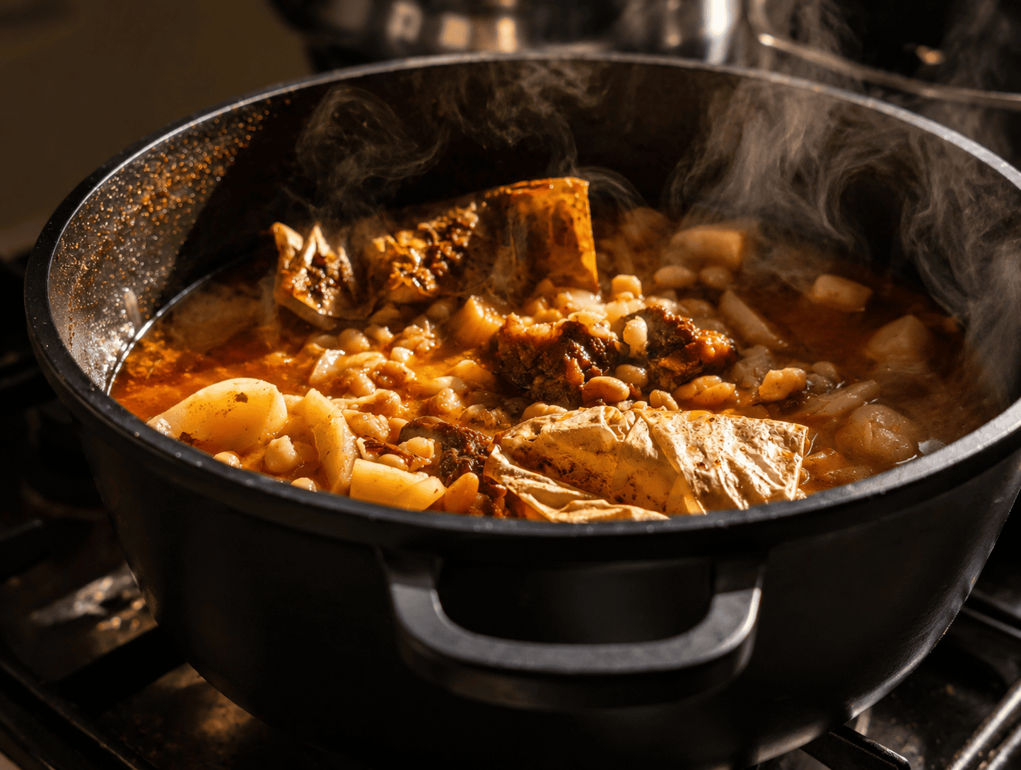 Overhead close-up of Libyan tbicha beef and white bean stew steaming in a pot, deep red-brown gravy with beans and beef visible