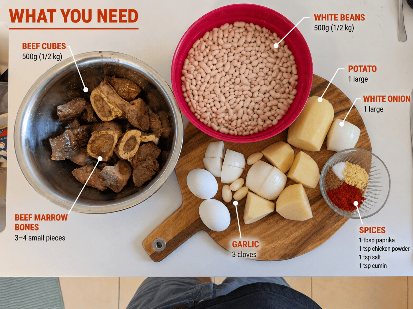 Overhead flatlay of tbicha ingredients including beef cubes, beef marrow bones, dried white beans, potato, white onion, garlic, eggs, and a small bowl of spices