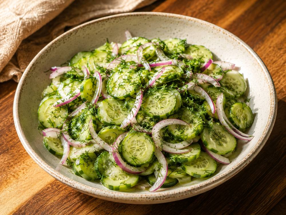 Sweet and sour cucumber salad in a ceramic bowl with fresh dill and sliced red onion