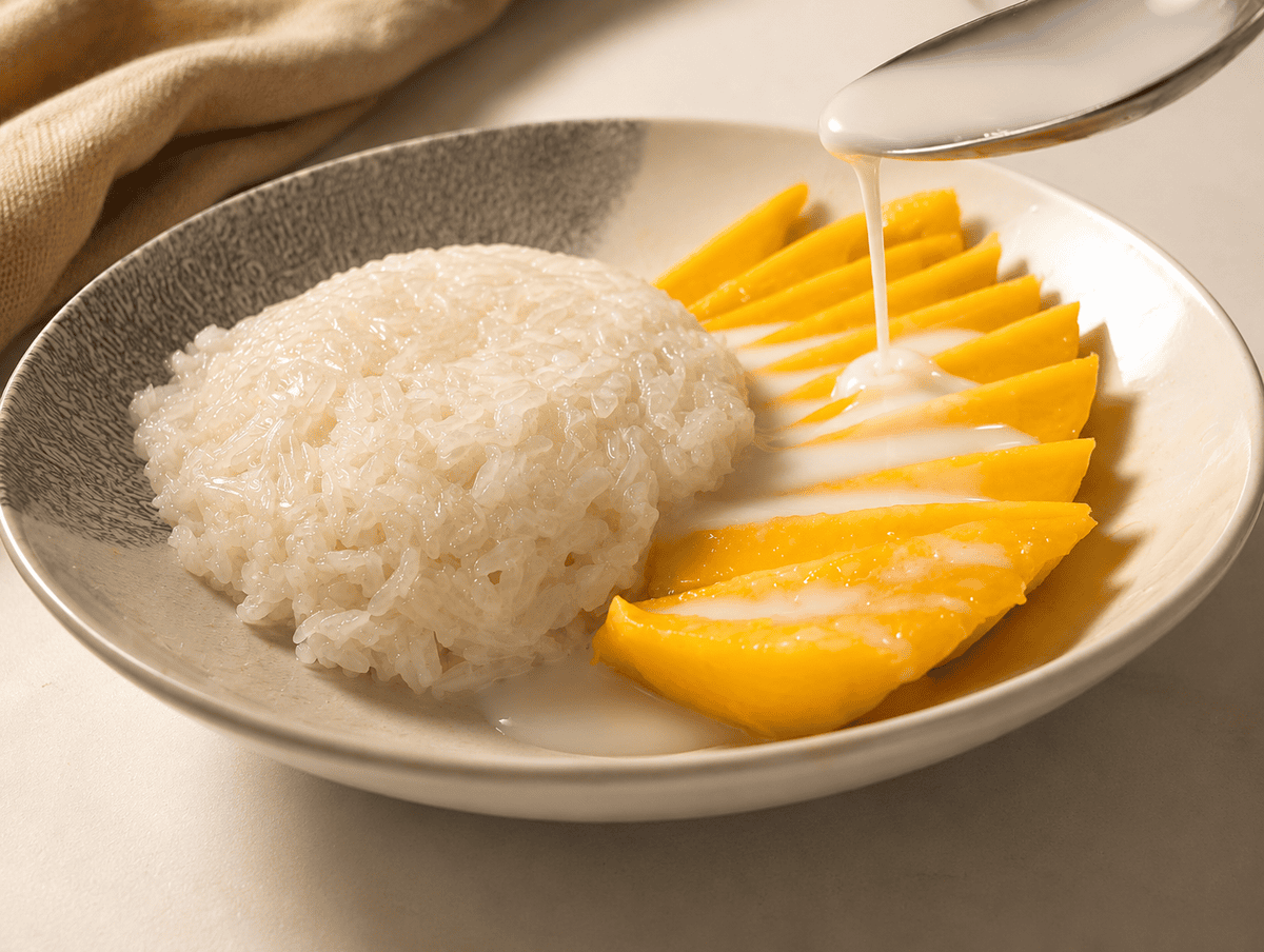 Spoon drizzling coconut sauce over sliced mango next to a molded dome of sticky rice in a speckled ceramic bowl