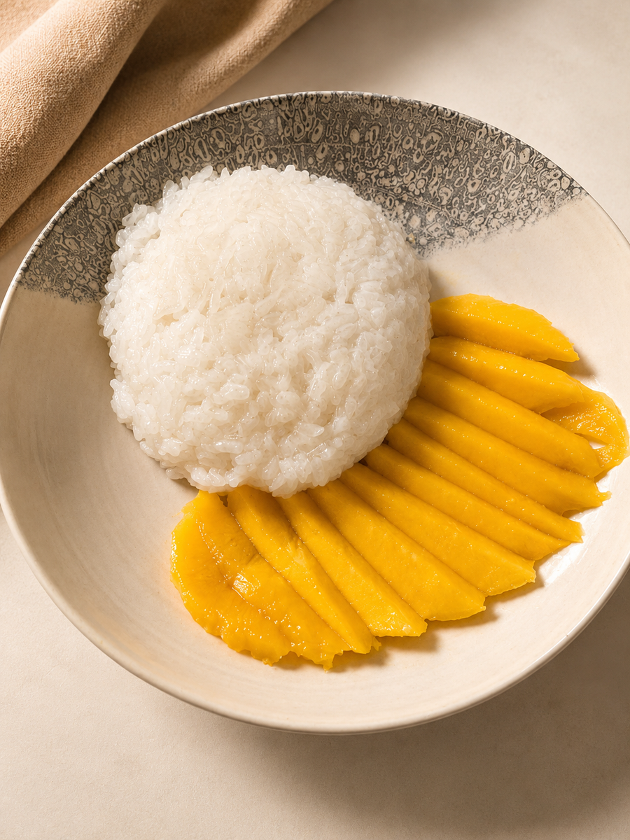Thai mango sticky rice recipe served in a speckled ceramic bowl, a molded mound of glossy coconut sticky rice beside fanned slices of ripe yellow mango