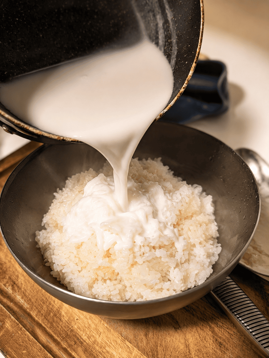 Warm coconut sauce being poured from a saucepan onto cooked glutinous rice in a metal bowl