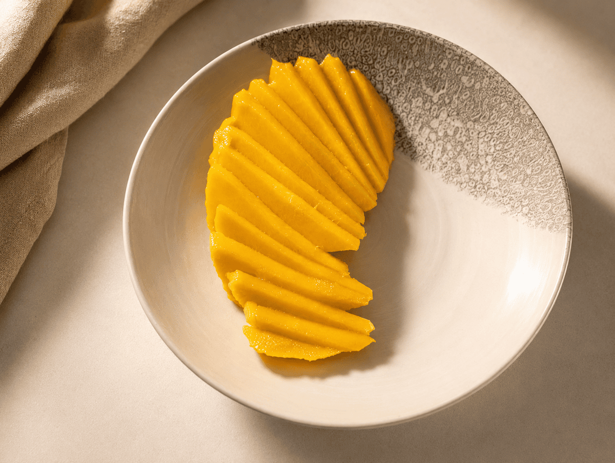Thinly sliced ripe mango cheek fanned out in a shallow ceramic bowl, bright yellow against a pale background