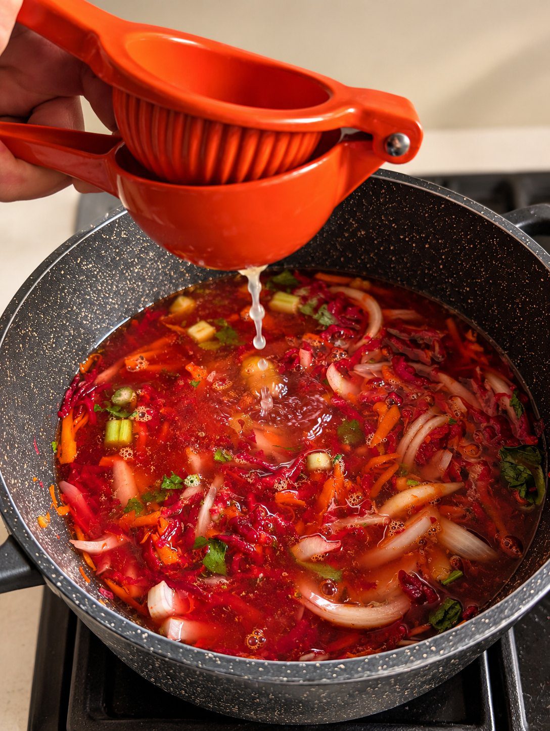 Lemon juice being squeezed from a red hand press into a pot of simmering red beet soup