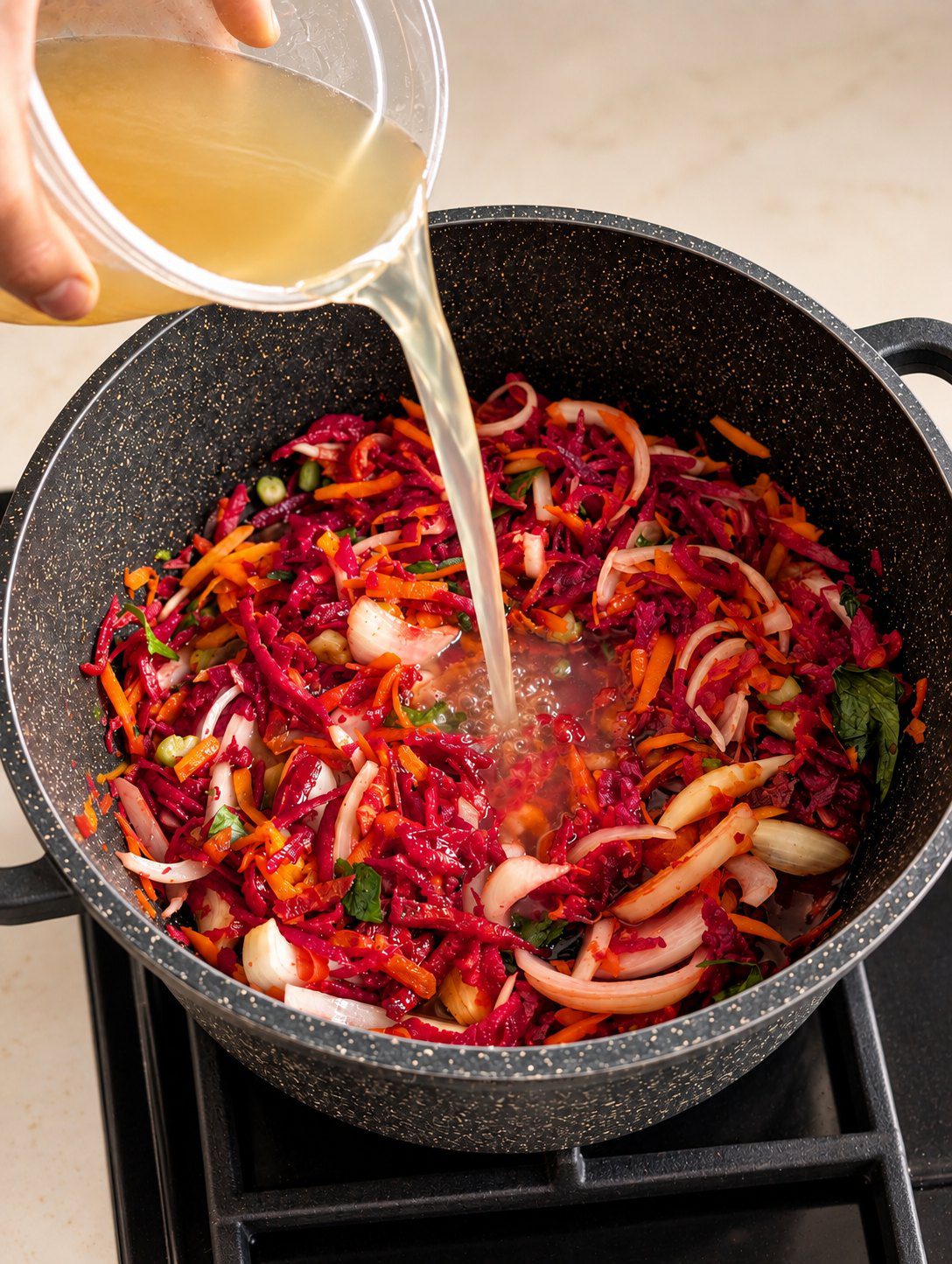 Stock being poured from a clear jug into a pot of shredded beet, carrot and onion strips